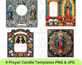 Tall Cylinder prayer Candle custom Labels stickers Design (Set of 4) memorial and Christmas Our Lady of Guadalupe Feast Day PNG & JPG
