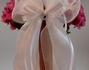 10 Stück 10x20 cm Antennenschleifen Autoschleifen Hochzeitsschleifen Spiegelschleifen weiß Perlenherz NEU