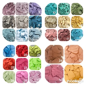 May include: Thirty-one different colors of small, irregular-shaped pieces of material. The pieces are arranged in a grid pattern. Each color is labeled with a number.