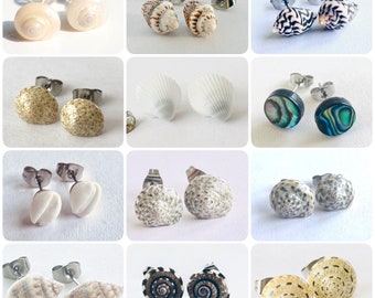 Stud earrings with various shells - silver - hypoallergenic stainless steel - white / striped