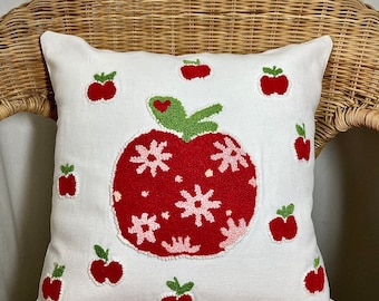 Pillow With Apple Pattern, Red Colour Pillow, Tufted Pillow Cover, Hand Tufted Pillowcase, Home Gift Pillow