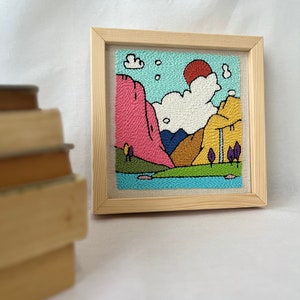 Dream Among Colorful Mountains, Unique Framed Wall Decor, Original Wall Hanging Framed, Home Decor Punch Needle Art, Vibrant Textile Art image 4