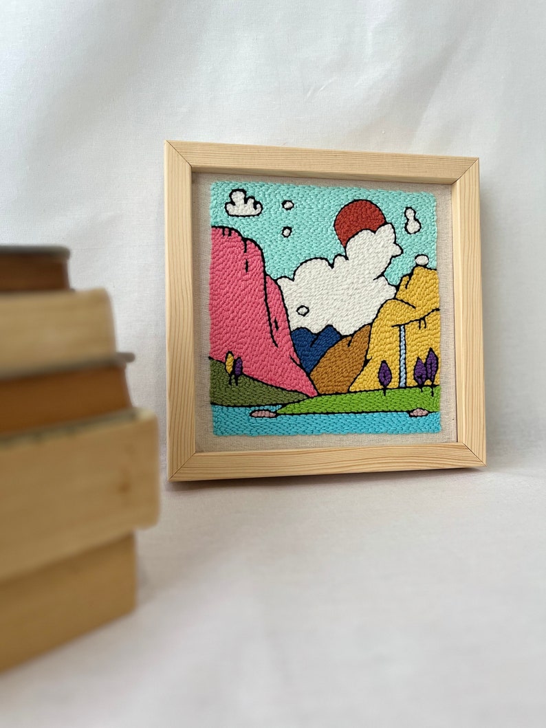 Dream Among Colorful Mountains, Unique Framed Wall Decor, Original Wall Hanging Framed, Home Decor Punch Needle Art, Vibrant Textile Art image 4