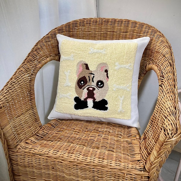 Cute Dog Punch Needle Pillow, Handmade Fluffy Pillow Cover, Funny Pillowcase, House Warming Gift, Justcase