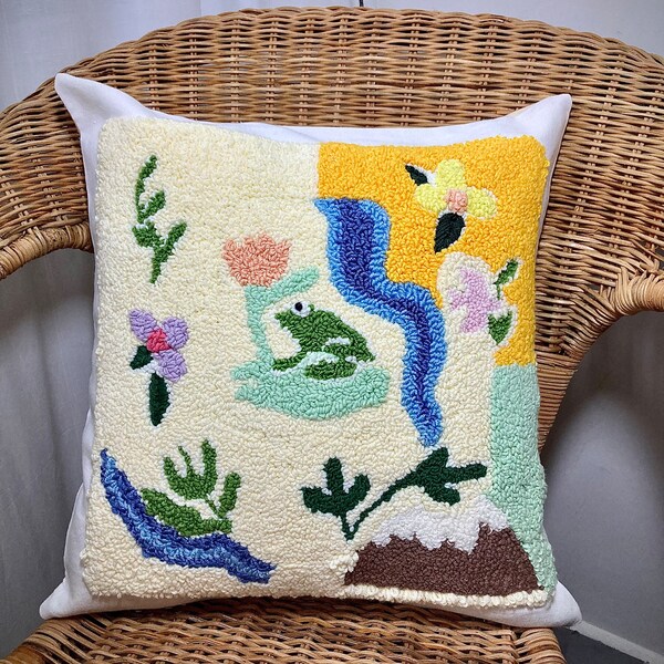 COUSSIN ET COUVERTURE, Oreiller Punch Needle Avec Motif Grenouille Et Fleur, Housse De Coussin Colorée Amusante Tuftée À La Main, Oreiller Moelleux Brodé