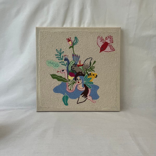 Art inspirant brodé sur textile, sol en laine brodé à la main The Wildwoods, art fibre Survivor Them, art sur toile Amoureux des animaux