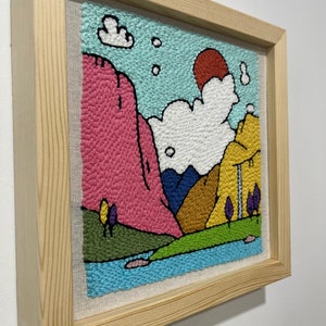 Dream Among Colorful Mountains, Unique Framed Wall Decor, Original Wall Hanging Framed, Home Decor Punch Needle Art, Vibrant Textile Art image 2