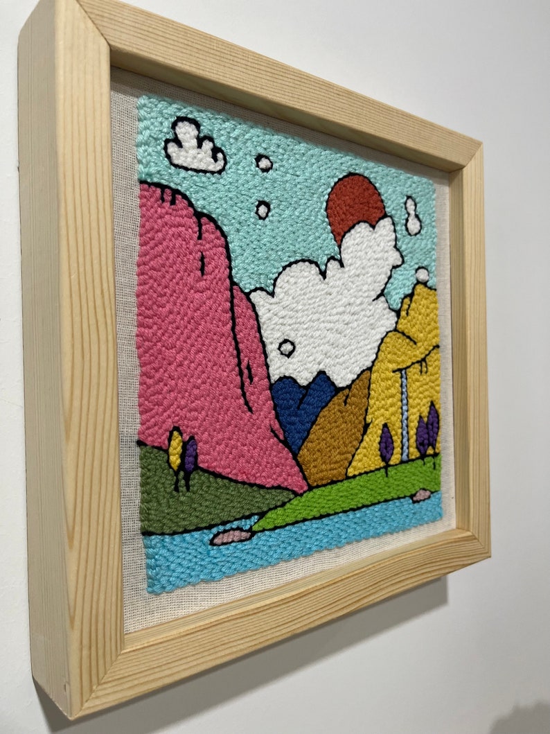 Dream Among Colorful Mountains, Unique Framed Wall Decor, Original Wall Hanging Framed, Home Decor Punch Needle Art, Vibrant Textile Art image 2