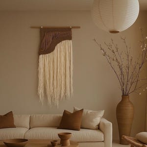 Beech Wood Organic Fiber Woven Wool Tapestry, Neutral Style Artwork,Boho Tapestry Wall Hanging,Bohemian Living Room, Elegant Handwoven Art