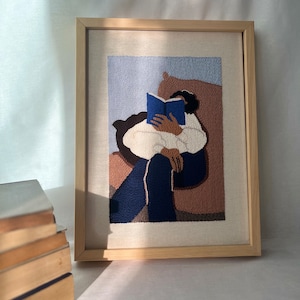 Navy Blue Woman Reading Textile Wall Art, Physical Bookish Decor for Living Room, Japandi Fiber Artwork