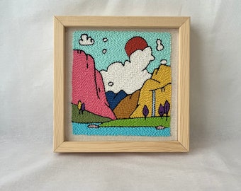 Dream Among Colorful Mountains, Unique Framed Wall Decor, Original Wall Hanging Framed,  Home Decor Punch Needle Art, Vibrant Textile Art