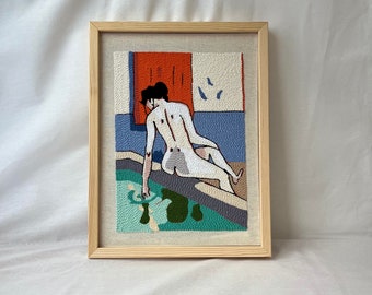 Natural Wood Framed Wall Hanging, Provocative Naked Woman Wall Hanging, Punch Needle Art,Modern Unique Textile Art, Framed Mediun Wall Decor