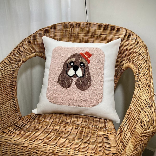 FunnyDog Punch Needle Pillow (JUSTPİLLOWCASE), Oreiller brodé, Coussin touffeté fait à la main, Coussin de conception de travail manuel