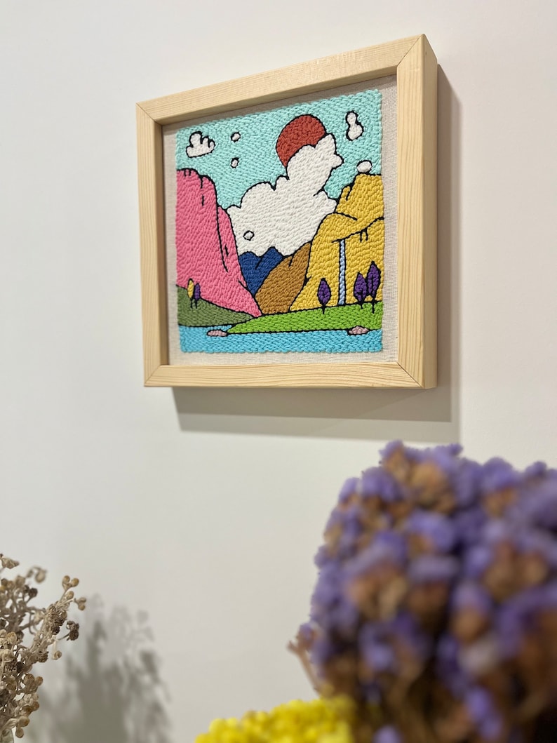 Dream Among Colorful Mountains, Unique Framed Wall Decor, Original Wall Hanging Framed, Home Decor Punch Needle Art, Vibrant Textile Art image 6