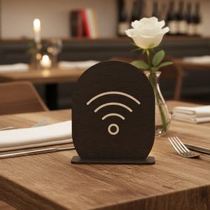 May include: A dark brown, arched wooden sign featuring a light-colored, engraved Wi-Fi symbol. The sign stands upright on a flat base, displaying a clear wireless internet icon centered on its smooth, rounded surface.