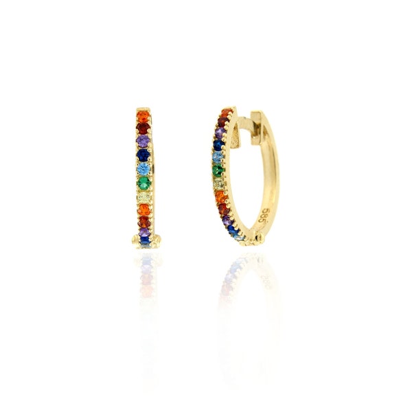 14K solid gold colorful huggie  hoop earrings / tiny birthstone colors hoop earrings / gold dainty huggie hoop earrings / mini rainbow hoop