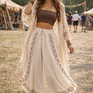 Wijde pijpen boho-katoenen broek, met de hand blokprint, loszittende broek