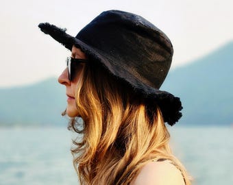 Handmade Black Linen Sun Hat: Women's Beach Bucket Hat