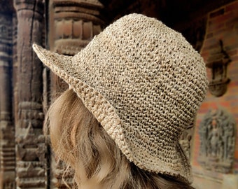 Chapeau de soleil au crochet pliable : ortie sauvage durable, fait main pour les femmes. Handgemachter Häkelnettle-Hut