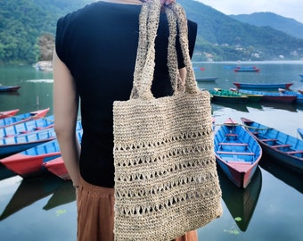 Sac fourre-tout bohème beige en chanvre respectueux de l'environnement | Fait main | Commerce équitable | Imprimé ethnique | Sac à provisions hippie