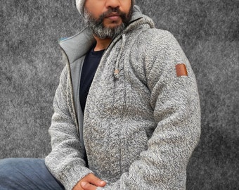 Herren Strickjacke mit Kapuze und Reißverschluss | Bio-Pullover | Offene Strickjacke | Stilvolle, gemütliche Winteroberbekleidung