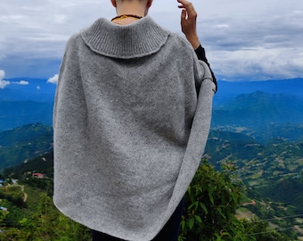 Poncho tipo suéter de lana de ajuste holgado, pieza de capas de invierno elegante y cómoda para mujeres: ¡una capa de invierno perfecta para mujeres a la moda!