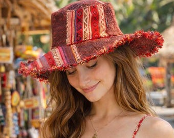 Organic Hemp Sun Hat: Red Boho Festival Hat