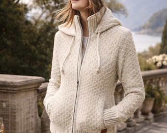 Premium wollen trui dames – gezellige hoodie met rits – Pull Laine Femme – Handgemaakt winterbreisel – Wollen trui Dames