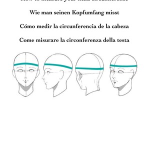 May include: Illustration showing how to measure head circumference. The image includes text in multiple languages, including English, French, German, Spanish, and Italian. The diagram shows a series of head profiles with a line indicating where to measure.