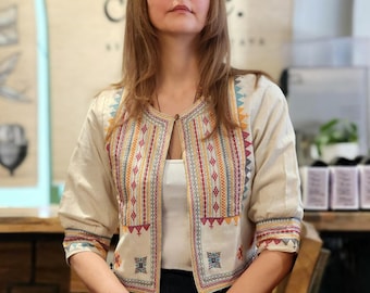Embroidered Boho Jacket – Vintage Indie Cotton Coat – Ethnic Festival Clothing for Women-Handmade Open-Front Coat for Casual Layering