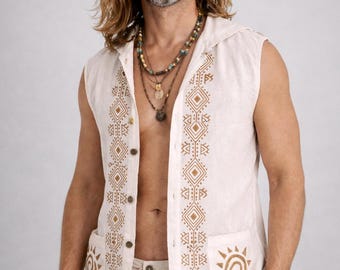 Débardeur en coton fait main pour homme, gilet bohème à imprimé bloc, tenue de festival, veste en coton brut artisanale, vêtements pour hommes ethniques hippies, style tzigane d'été
