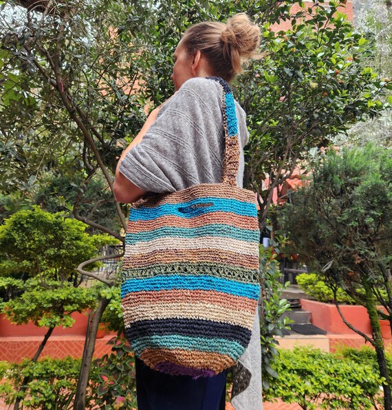 Hemp Knit Tote Bag: Striped Bohemian Market Bag - Etsy display picture 2