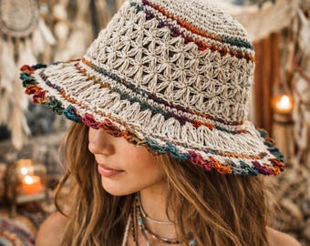 Handmade Hemp Crochet Sun Hat, Wide Brim Boho Beach Hat, Foldable Summer Fedora