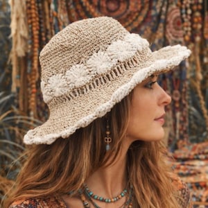 May include: A beige crochet bucket hat featuring a band of white circular floral motifs around the crown and a wavy, scalloped white edge along the brim. The hat is constructed from a textured, woven fiber material with an openwork pattern.