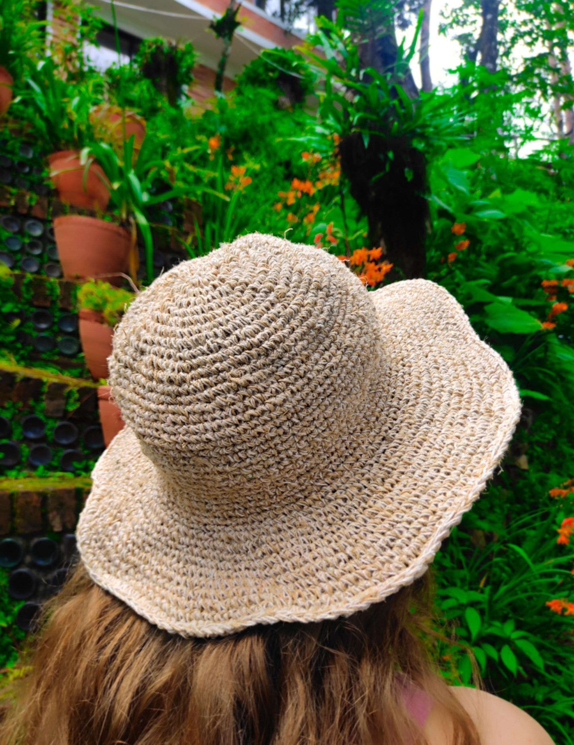 Handmade Boho Hippie Hemp Crochet Sunhat Bendable Brim OS Handmade Hemp Blend Crocheted Hat: Foldable Bohemian Sun Hat  main image 2