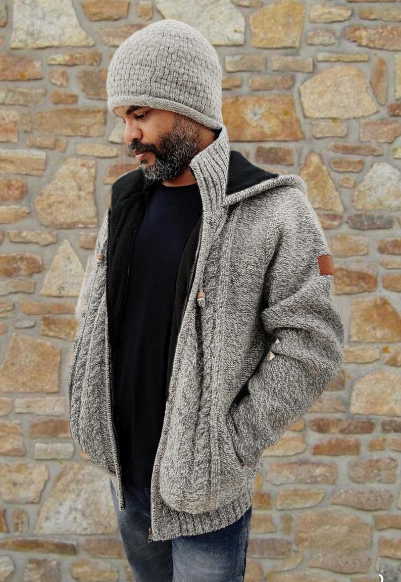 Men's Grey Knitted Wool Hooded Zip Jacket – Plush or Woolen Lining - Etsy