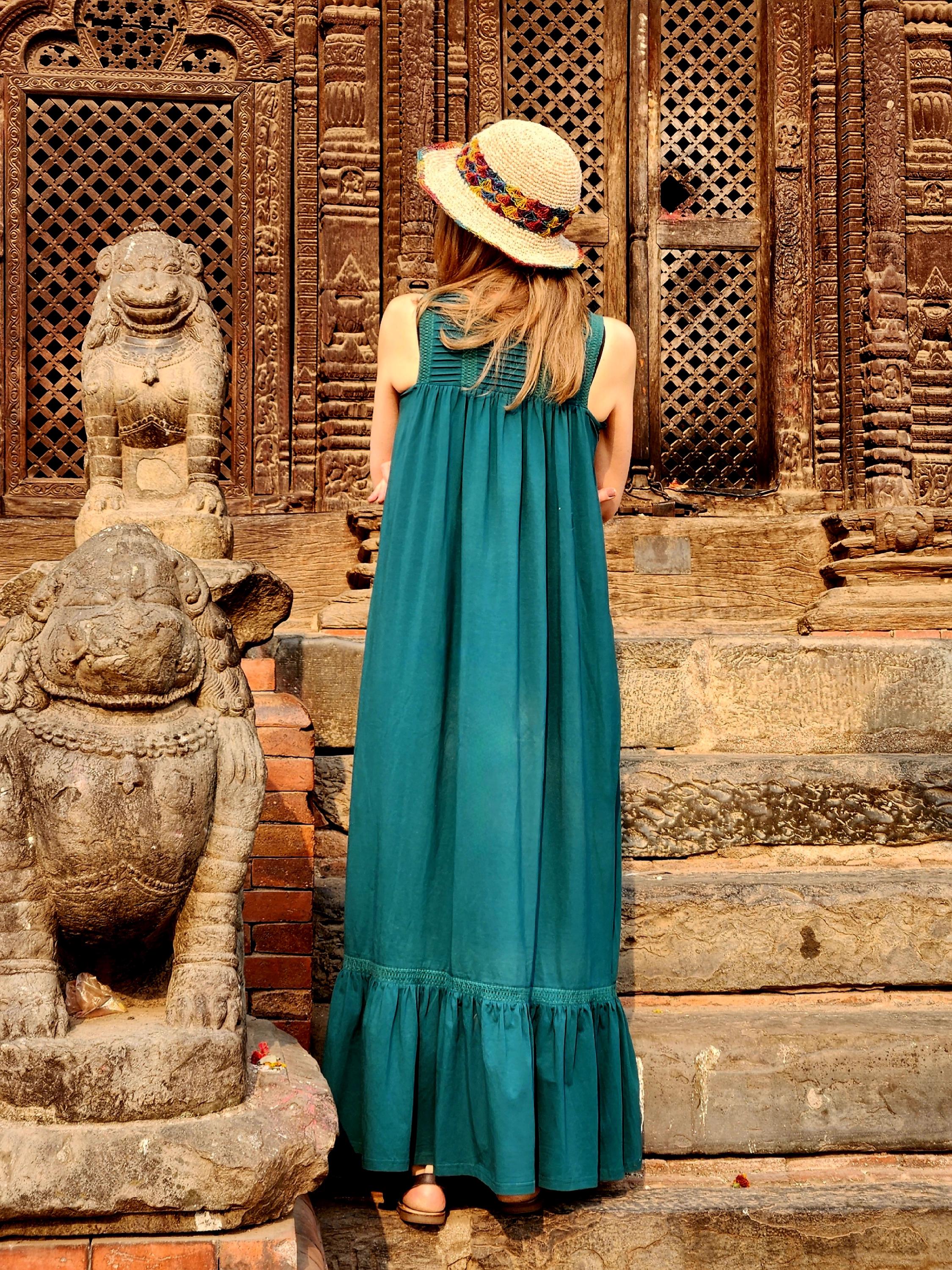 teal boho maxi dress Teal Red Floral Block Print Cotton Maxi Dress Boho Tiered Long Dress Puff Sleeve Indian Handmade Dress Summer Cotton Outfit