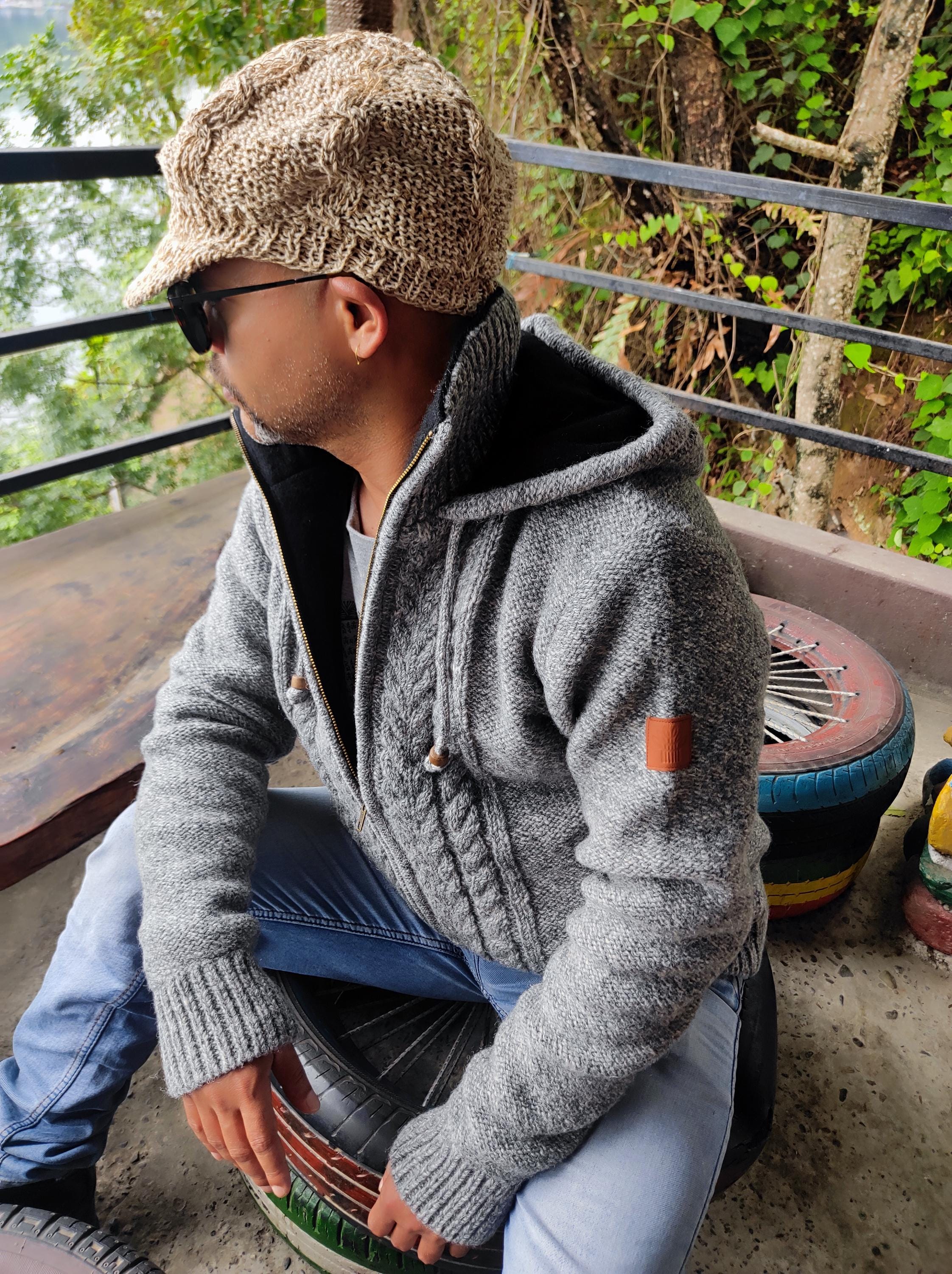 Men's Grey Knitted Wool Hooded Zip Jacket – Plush or Woolen Lining