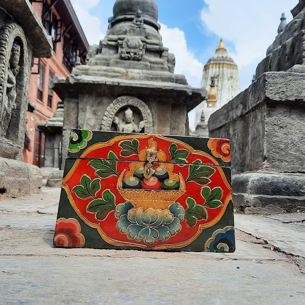 Handmade Buddhist Wooden Chest Box with Traditional Tibetan Motifs and Lockable Latch