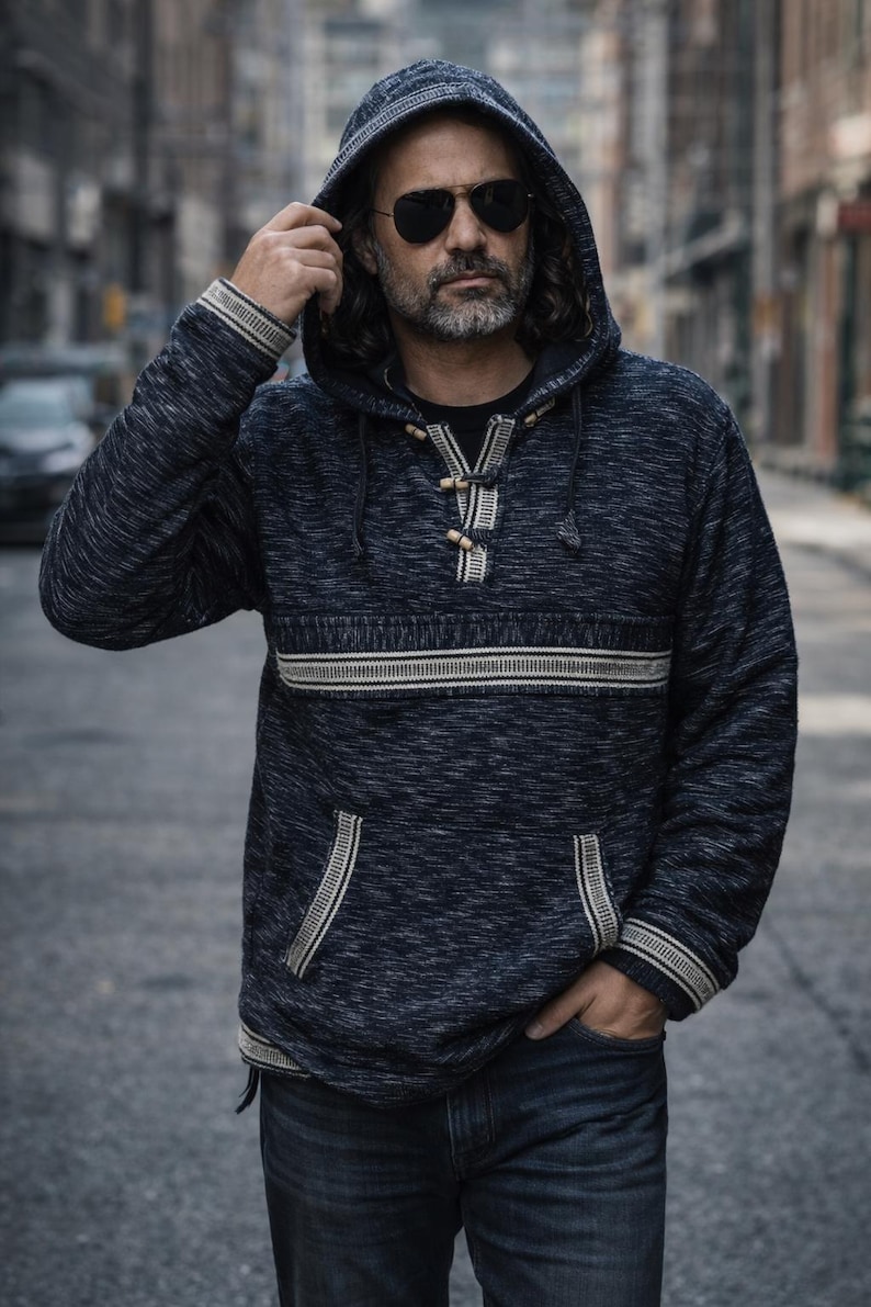 Katoenen baja-hoodie: met fleece gevoerde Mexicaanse trui met houten sluiting afbeelding 10