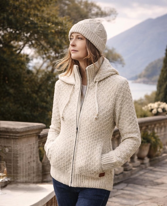 Premium Wool Sweater Women – Cozy Zip Up Hoodie Jacket – Pull Laine Femme– Handmade Winter Knit – Wollpullover Damen