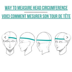 May include: Illustration showing how to measure head circumference. The text reads "WAY TO MEASURE HEAD CIRCUMFERENCE" and "VOICI COMMENT MESURER SON TOUR DE T&Ecirc;TE". The image shows four different views of a head with a teal line indicating where to measure.