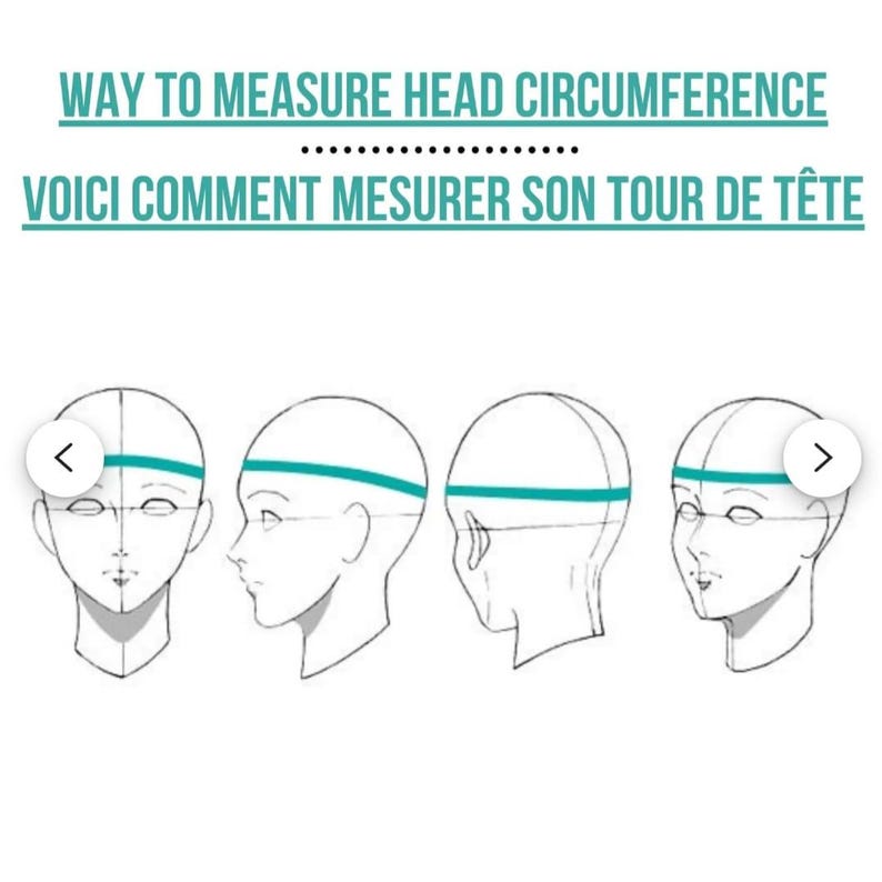 May include: Illustration showing how to measure head circumference. The text reads "WAY TO MEASURE HEAD CIRCUMFERENCE" and "VOICI COMMENT MESURER SON TOUR DE T&Ecirc;TE". The image shows four different views of a head with a teal line indicating where to measure.