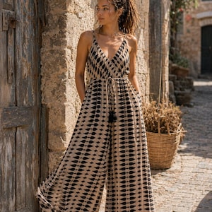 Boho Jumpsuit Women, Organic Cotton Wide Leg Palazzo Romper, Hand Block Printed Resort Wear