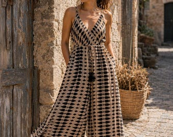 Macacão Boho Feminino, Macacão Palazzo de Algodão Orgânico com Pernas Largas, Estampado à Mão, Ideal para Resort