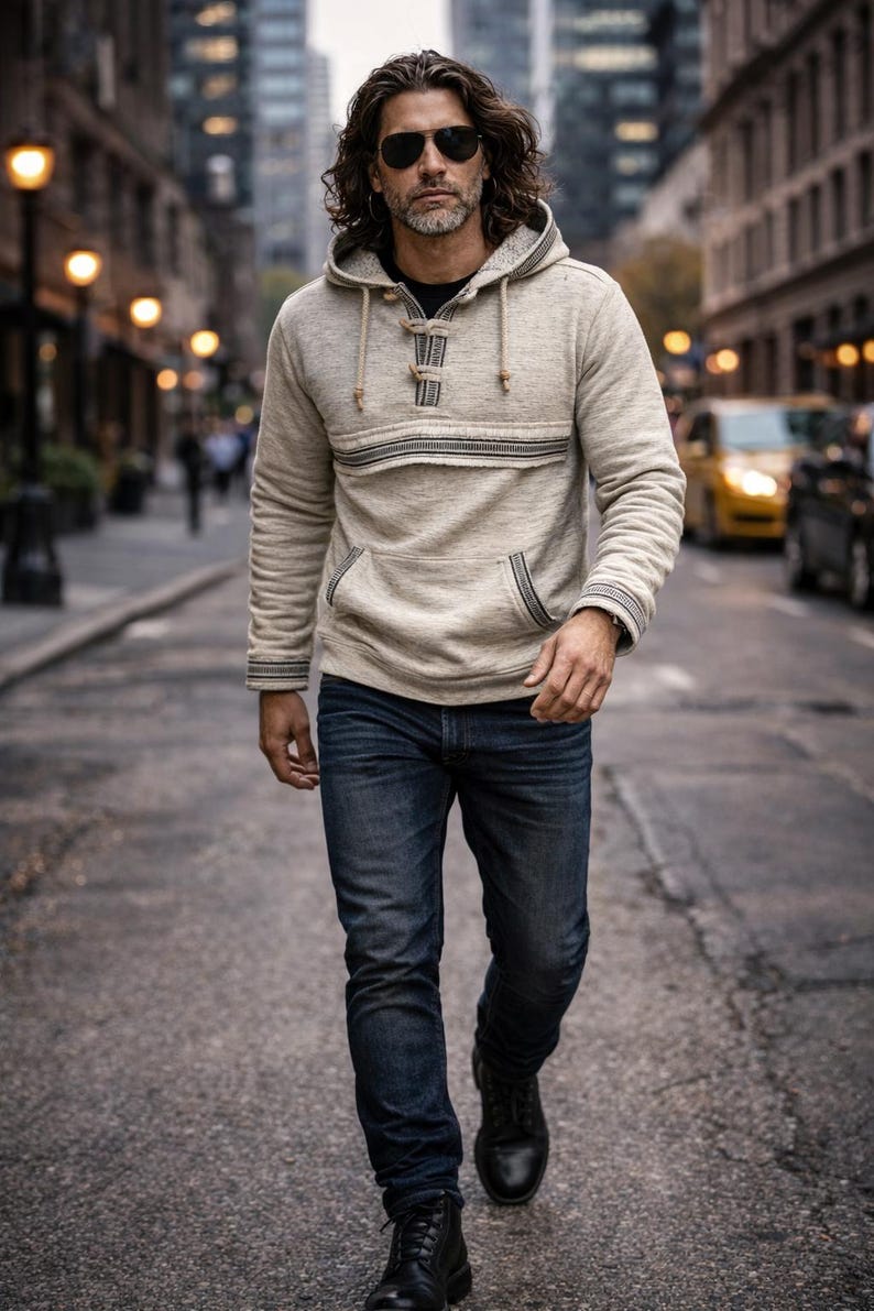 Op de afbeelding: Een persoon gekleed in een beige hoodie met een voorzak en een donkerblauwe jeans loopt door een stadsstraat. De hoodie heeft een decoratieve streep over de borst en een knoopsluiting. Hij draagt een zonnebril en zwarte laarzen.
