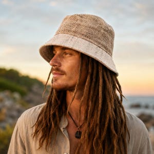 Op de afbeelding: Een beige bucket hat gemaakt van een gestructureerde, geweven stof. De hoed heeft een gestructureerde kroon en een naar beneden lopende rand, met een natuurlijke, lichtbruine kleur en een zichtbaar kruisgeweven patroon in het materiaal.