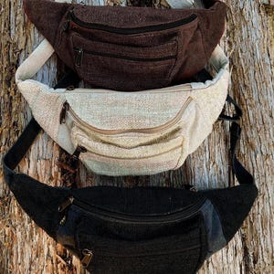 Sac banane écologique en chanvre - Ceinture porte-monnaie parfaite pour les aventures en plein air - Noir, marron, bleu cendré et couleur naturelle.