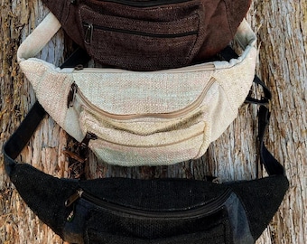 Eco-Friendly Hemp Waist Pack - Perfect Money Belt for Outdoor Adventures - Black, brown, ash blue, and natural color.