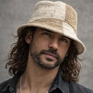 Hemp Bucket Hat for Men – Handmade Patchwork Bob Hat – Boho Natural Fiber Summer Cap